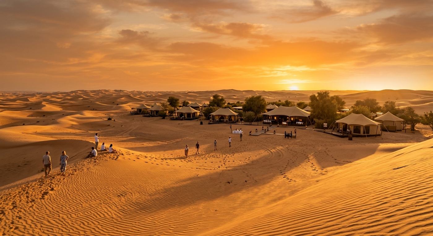 Golden dunes and a luxury desert camp near Dubai at sunset